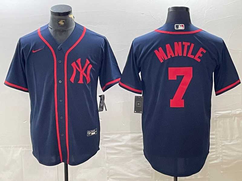 Men%27s New York Yankees #7 Mickey Mantle Navy Red Fashion Cool Base Jersey